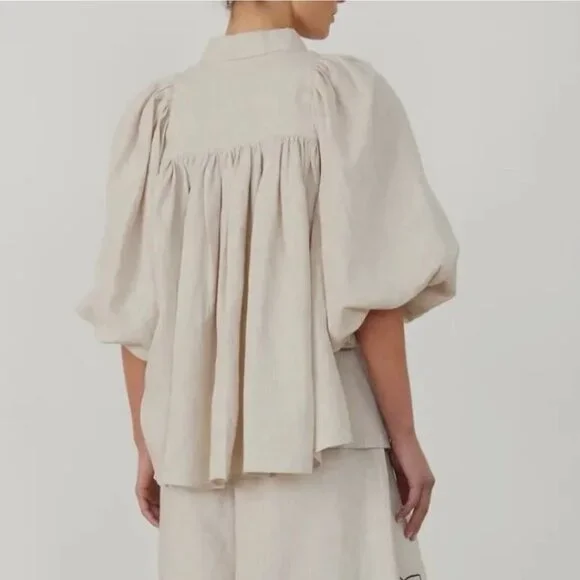 Women Two-Piece Outfit Blouse Wide-Leg Pant Beige Sz S Linen Cotton Loose Fit